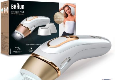 Braun Silk-expert Pro 5 Epilatore Luce Pulsata, Alternativa al Laser, Zone Sensibili, Viso, Bikini e Ascelle, 3 Accessori, Rasoio, Custodia Viaggio,Idea Regalo, Festa della Donna,PL5267 Bianco e Oro