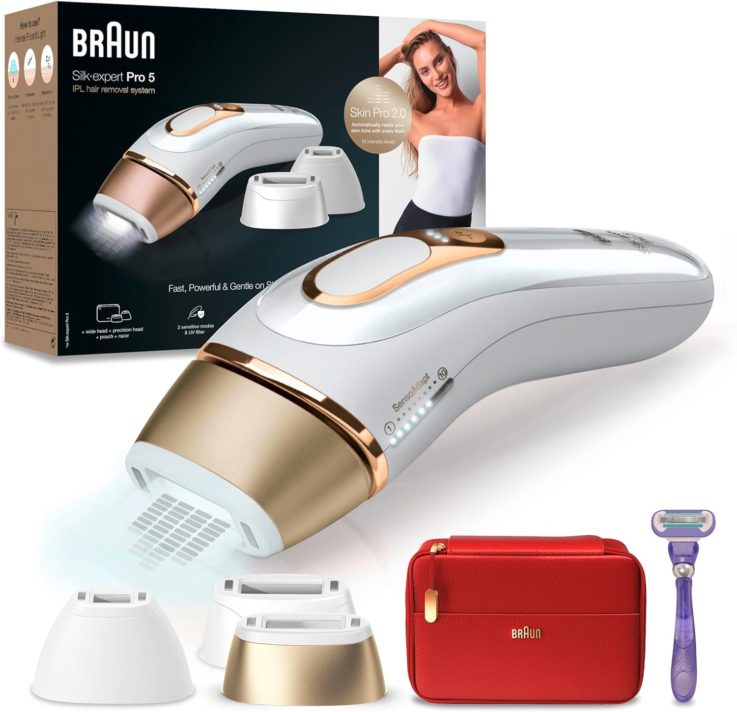Braun Silk-expert Pro 5 Epilatore Luce Pulsata, Alternativa al Laser, Zone Sensibili, Viso, Bikini e Ascelle, 3 Accessori, Rasoio, Custodia Viaggio,Idea Regalo, Festa della Donna,PL5267 Bianco e Oro