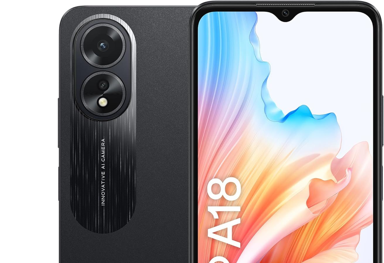 OPPO A18 4G Smartphone, AI Doppia fotocamera 8+2MP, Selfie 5MP, Display 6.56” 90HZ LCD HD+, 5000mAh, RAM 4 (Esp 1GB/2GB/4GB)+ROM 128GB (esp1TB), IP54, Supporto Auto [Versione Italia], Glowing Black