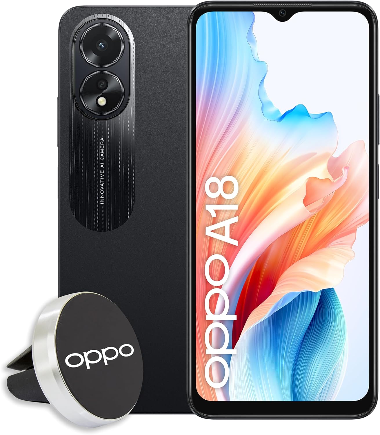 OPPO A18 4G Smartphone, AI Doppia fotocamera 8+2MP, Selfie 5MP, Display 6.56” 90HZ LCD HD+, 5000mAh, RAM 4 (Esp 1GB/2GB/4GB)+ROM 128GB (esp1TB), IP54, Supporto Auto [Versione Italia], Glowing Black