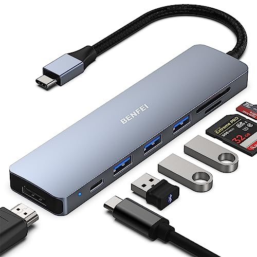 BENFEI 7 in 1 Adattatore Multiporta USB Type C Hub con HDMI 4K /3*USB 3.0/ Lettore di Schede SD TF/PD 60W con iPhone 15 Pro/Max MacBook Pro/Air 2023 iPad Pro iMac S23 XPS 17 e altro, Grigio