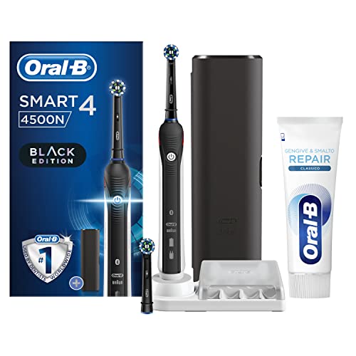 Oral-B Spazzolino Elettrico Ricaricabile Smart 4 4500 CrossAction, Nero, 2 Testine, Custodia Da Viaggio + Dentifricio Oral-B Gengive & Smalto Repair Classico. 1 Spazzolino, 1 Dentifricio