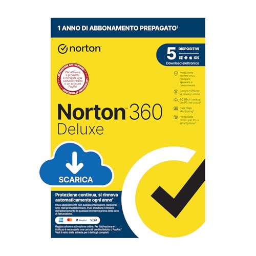 Norton 360 Deluxe 2024, Antivirus per 5 dispositivi, Licenza di 1 anno con rinnovo automatico, PC, Mac, tablet e smartphone, Codice d’attivazione via email