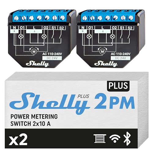 Shelly Plus 2PM, Relè Interrutore con misurazione di consumo, 2 canali – 16A, Wi-Fi e Bluetooth, Per tapperelle, serrande, persiane, Compatibile con Alexa e Google Home, App iOS Android (2 pezzi)