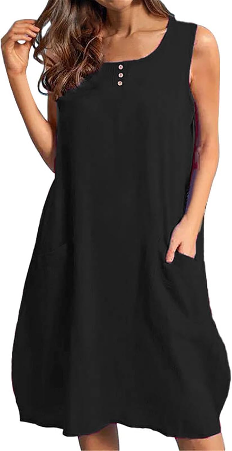 Cocila Abiti Donna Eleganti Abito Casual Allentato Senza Maniche con Scollo a V, Abito da Tasca Oversize in Lino di Cotone Estivo da Donna Abito Maniche Lunghe Sexy