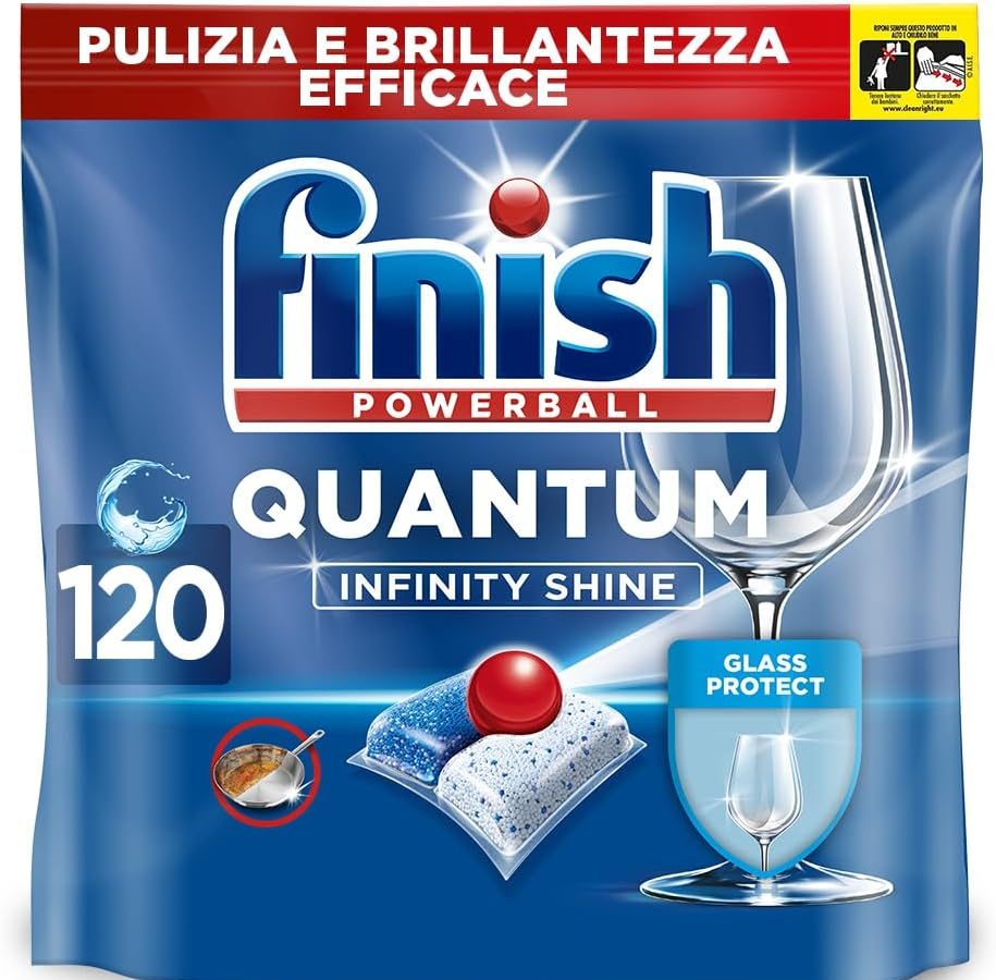 Finish Quantum Infinity Shine Pastiglie Lavastoviglie, 120 Capsule Lavastoviglie, Detergenti per Lavastoviglie per una Pulizia e Brillantezza Efficace