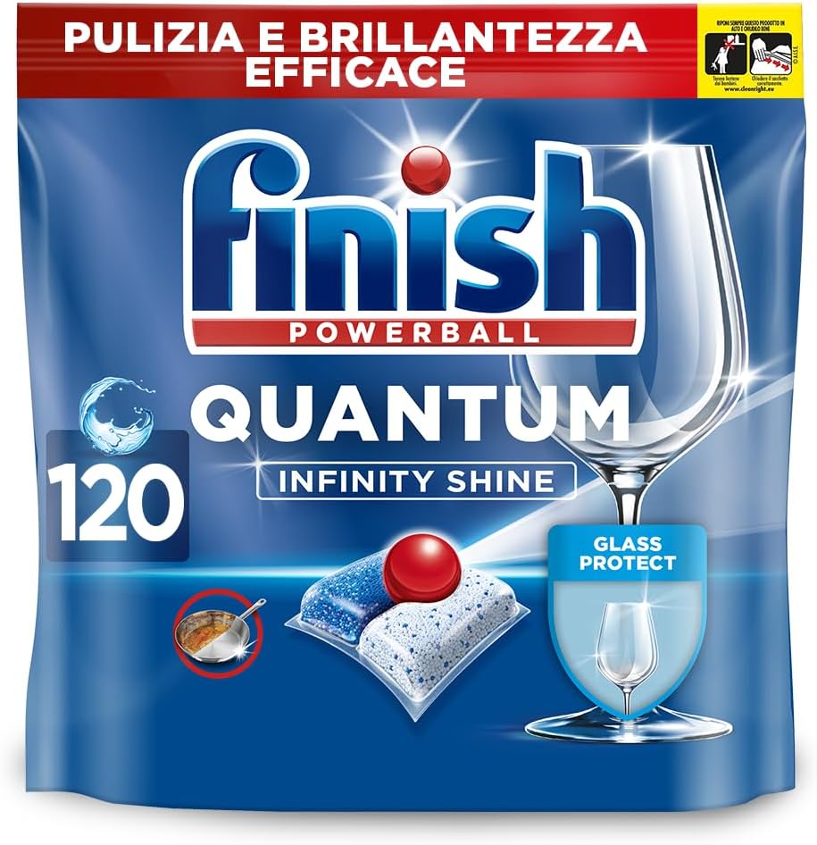 Finish Quantum Infinity Shine Pastiglie Lavastoviglie, 120 Capsule Lavastoviglie, Detergenti per Lavastoviglie per una Pulizia e Brillantezza Efficace