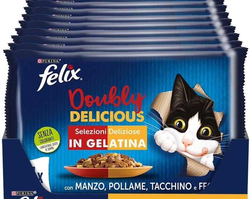 Purina Felix Le Ghiottonerie Doubly Delicious Cibo Umido per Gatti con Manzo e Pollame, Tacchino e Fegato, 48 Buste da 85 g