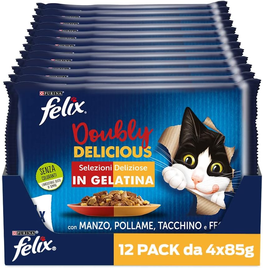 Purina Felix Le Ghiottonerie Doubly Delicious Cibo Umido per Gatti con Manzo e Pollame, Tacchino e Fegato, 48 Buste da 85 g
