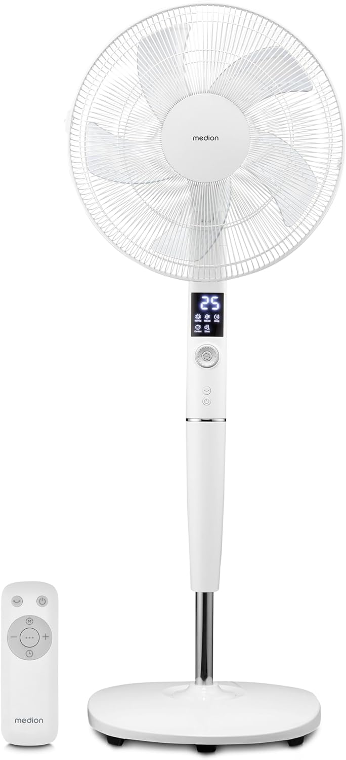 MEDION Ventilatore da piedistallo P20 SF con telecomando (26 velocità, potenza 30 watt, oscillazione orizzontale e verticale, funzione timer, altezza regolabile, MD11939) bianco