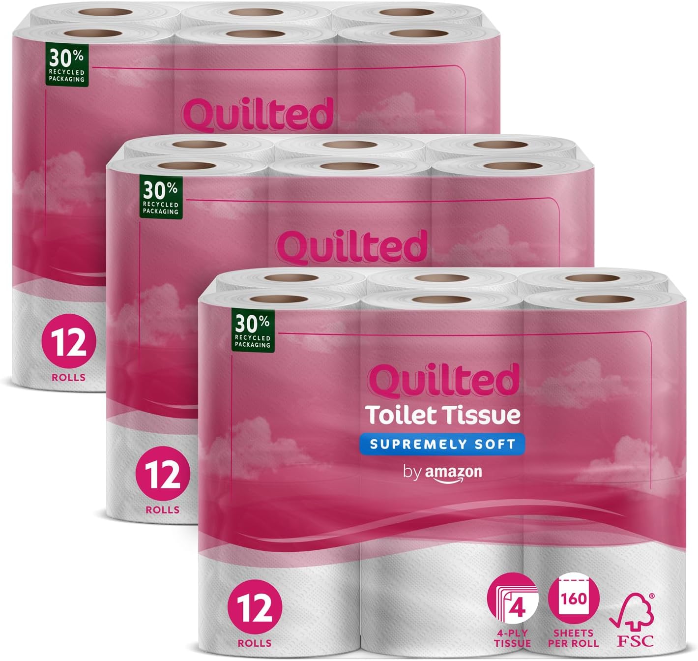 by Amazon Carta Igienica, 4 Veli Trapuntata, Ultra Morbida, 36 Rotoli (3 Confezioni da 12), 160 Fogli per Rotolo, Certificata FSC