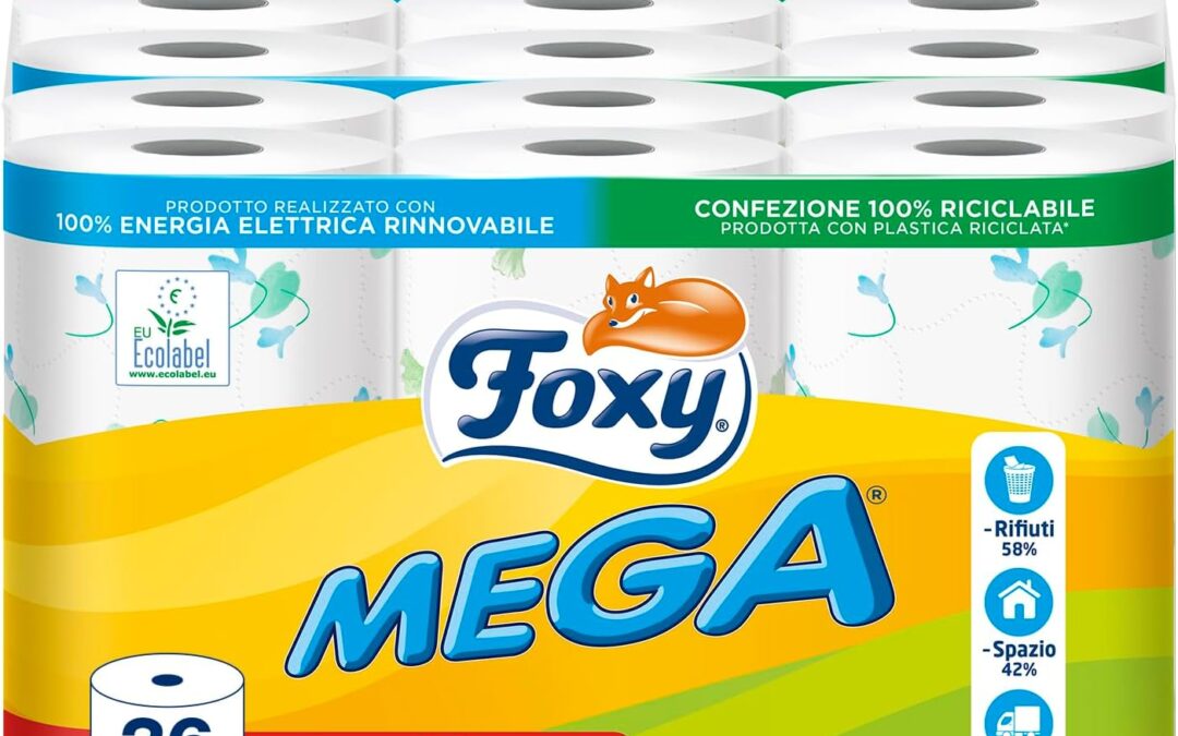 Foxy Mega | Carta igienica 36 rotoli| 480 strappi| Decorata |100% Energia elettrica rinnovabile| Confezione prodotta con plastica riciclata