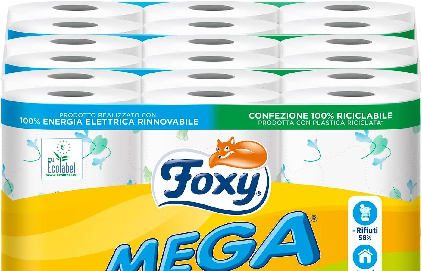 Foxy Mega | Carta igienica 36 rotoli| 480 strappi| Decorata |100% Energia elettrica rinnovabile| Confezione prodotta con plastica riciclata