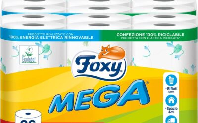 Foxy Mega | Carta igienica 36 rotoli| 480 strappi| Decorata |100% Energia elettrica rinnovabile| Confezione prodotta con plastica riciclata