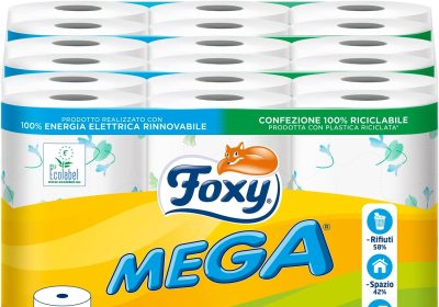 Foxy Mega | Carta igienica 36 rotoli| 480 strappi| Decorata |100% Energia elettrica rinnovabile| Confezione prodotta con plastica riciclata