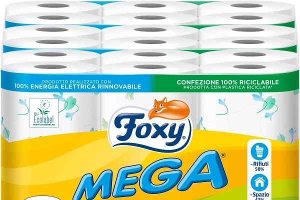Foxy Mega | Carta igienica 36 rotoli| 480 strappi| Decorata |100% Energia elettrica rinnovabile| Confezione prodotta con plastica riciclata