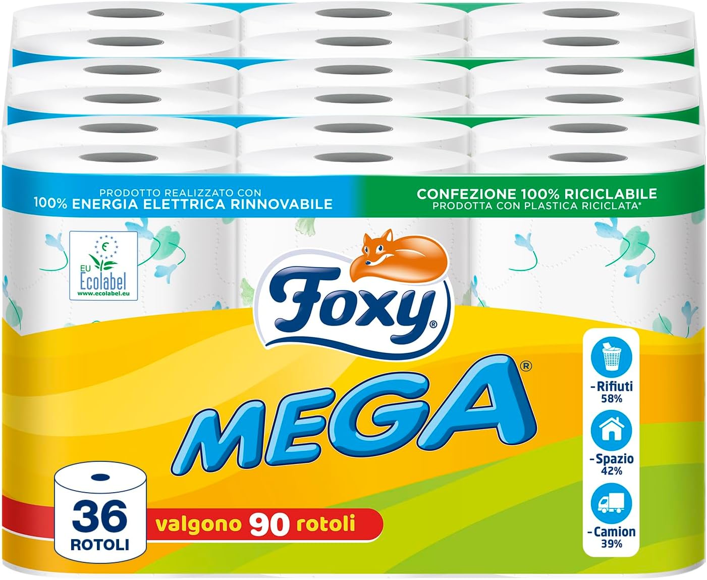 Foxy Mega | Carta igienica 36 rotoli| 480 strappi| Decorata |100% Energia elettrica rinnovabile| Confezione prodotta con plastica riciclata