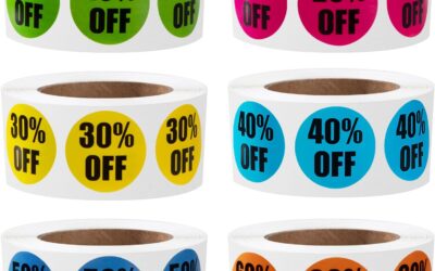 Newellsail Etichette Promozionali 2,5 cm Etichette Prezzo Adesivi Sconto Autoadesivi Etichetta 10%-60% di Sconto Sugli Adesivi di Vendita per Dettaglio, Supermercato 3000 Pezzi 6 Rotoli