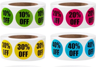 Newellsail Etichette Promozionali 2,5 cm Etichette Prezzo Adesivi Sconto Autoadesivi Etichetta 10%-60% di Sconto Sugli Adesivi di Vendita per Dettaglio, Supermercato 3000 Pezzi 6 Rotoli