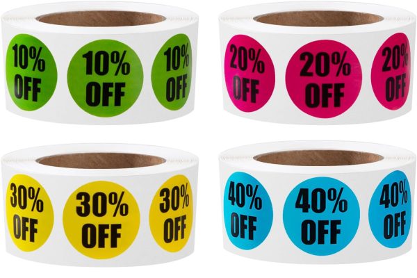Newellsail Etichette Promozionali 2,5 cm Etichette Prezzo Adesivi Sconto Autoadesivi Etichetta 10%-60% di Sconto Sugli Adesivi di Vendita per Dettaglio, Supermercato 3000 Pezzi 6 Rotoli