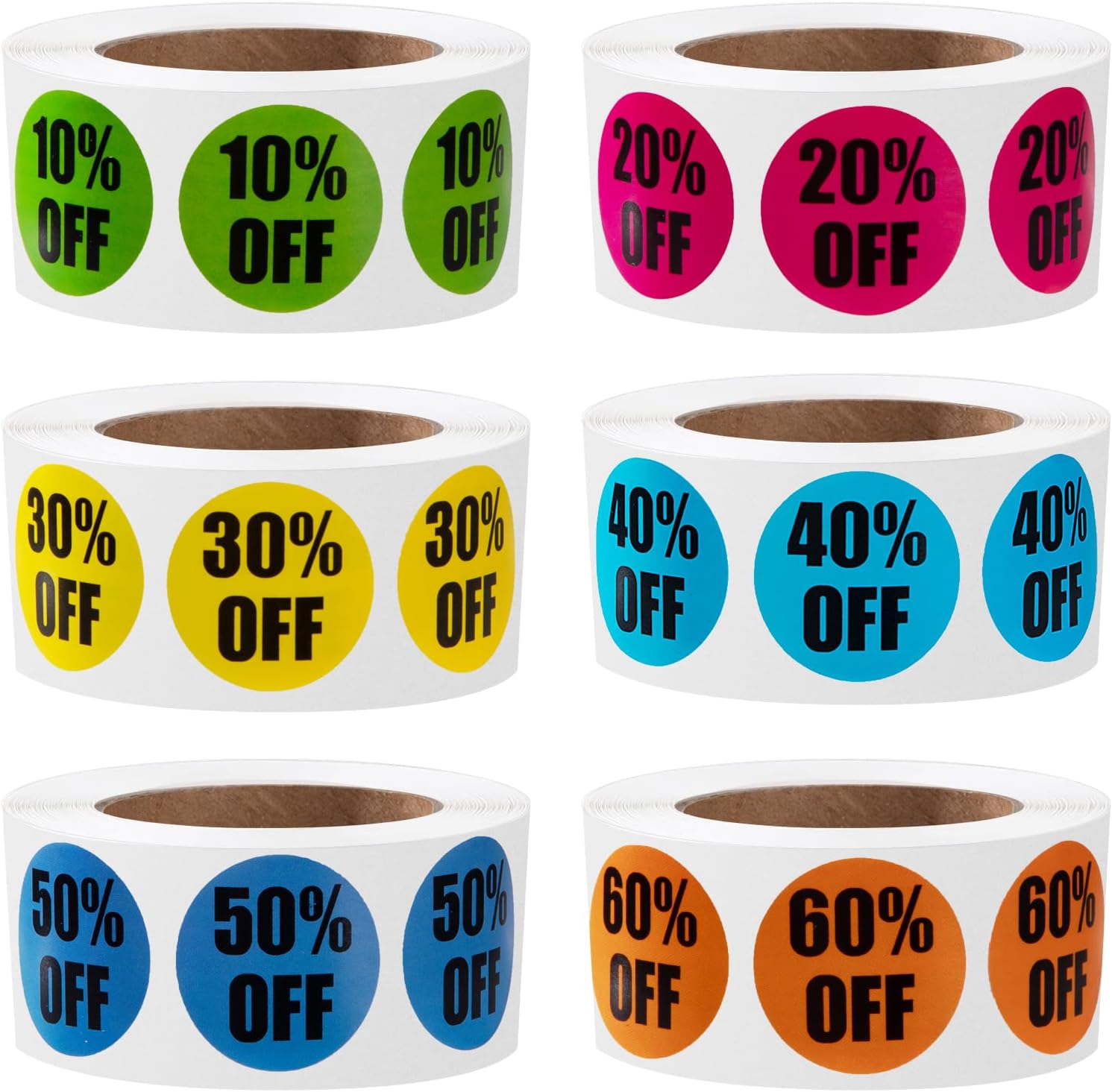 Newellsail Etichette Promozionali 2,5 cm Etichette Prezzo Adesivi Sconto Autoadesivi Etichetta 10%-60% di Sconto Sugli Adesivi di Vendita per Dettaglio, Supermercato 3000 Pezzi 6 Rotoli