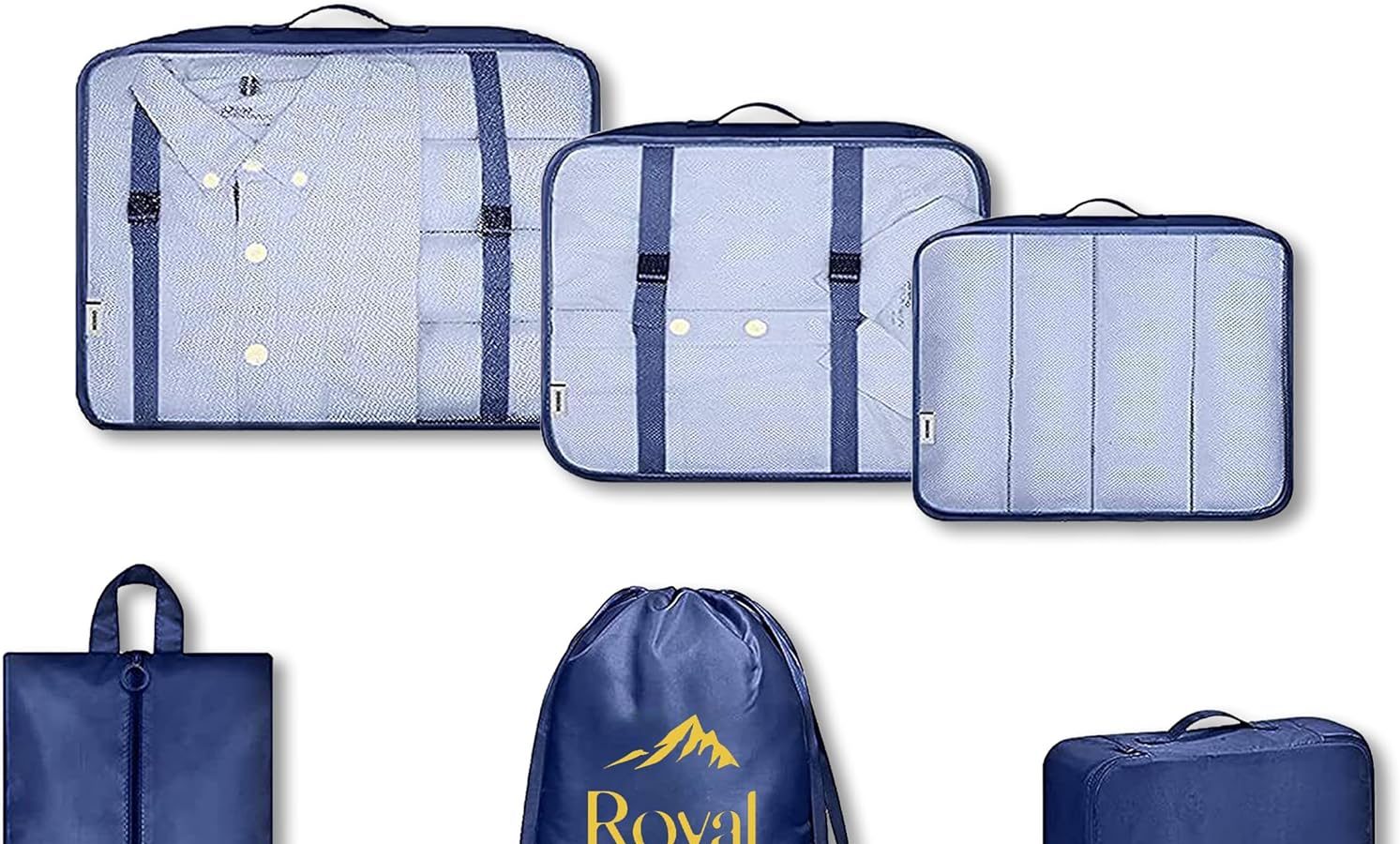 ROYAL travel Organizer valigia |8 pezzi Nuovo tessuto |Organizer viaggio Resistente ed Impermeabile |Set organizer valigia per vestiti, scarpe, cosmetici, intimo con cerniere più resistenti