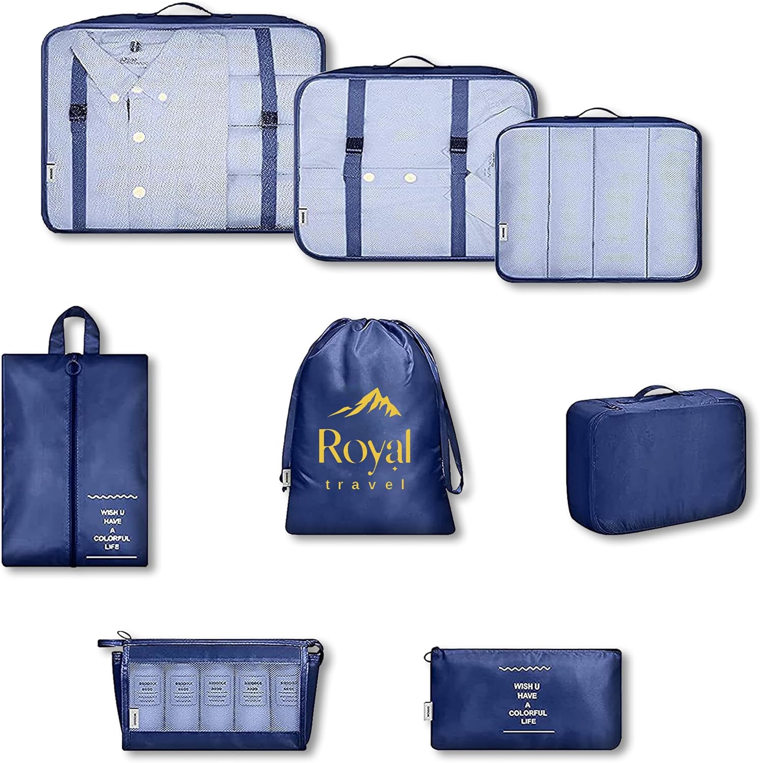 ROYAL travel Organizer valigia |8 pezzi Nuovo tessuto |Organizer viaggio Resistente ed Impermeabile |Set organizer valigia per vestiti, scarpe, cosmetici, intimo con cerniere più resistenti