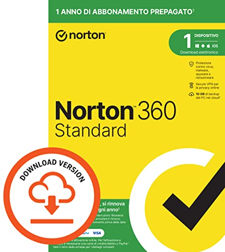 Norton 360 Standard 2024, Antivirus per 1 dispositivo, Licenza di 1 anno con rinnovo automatico, PC, Mac, tablet e smartphone, Codice d’attivazione via email