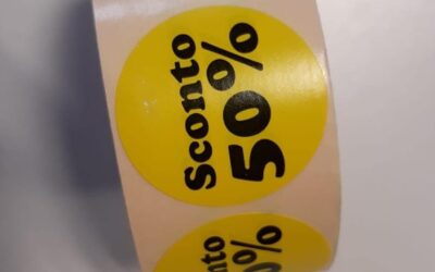 1000 ETICHETTE 50% SCONTO ADESIVE IN ROTOLO Ø mm. 40 SUPERMERCATI NEGOZI OFFERTA