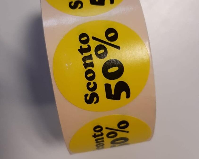 1000 ETICHETTE 50% SCONTO ADESIVE IN ROTOLO Ø mm. 40 SUPERMERCATI NEGOZI OFFERTA