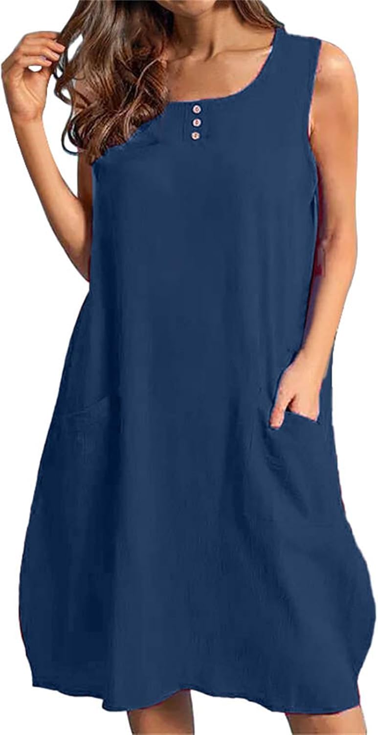 Cocila Abiti Donna Eleganti Abito Casual Allentato Senza Maniche con Scollo a V, Abito da Tasca Oversize in Lino di Cotone Estivo da Donna Abito Maniche Lunghe Sexy