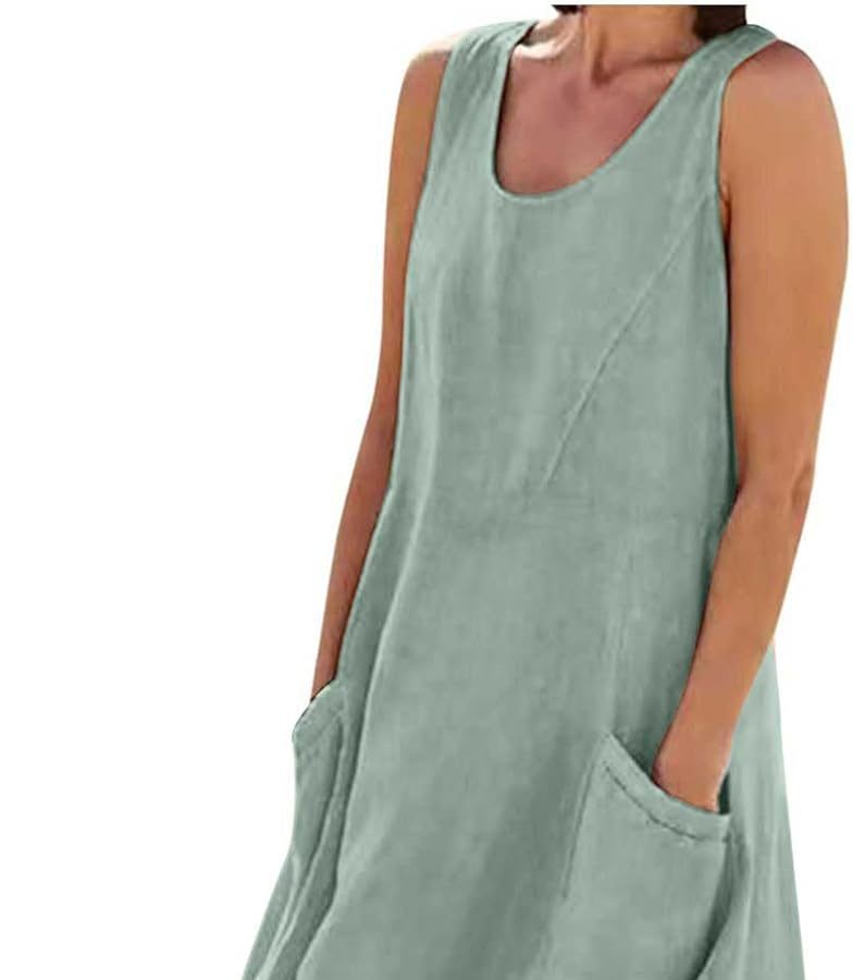 Vestiti Donna Estivi Lunghi Casual, 2024 Abiti Offerte di Primavera in Lino Spiaggia Caftano a Senza Maniche Abito Casual Oversize Elegante Girocollo Abito Largo con Tasche Boho Fresco Vacanza Vestito