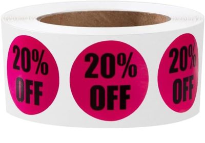 SWYSGS Etichette Promozionali 2,5 cm Etichette Prezzo Adesivi Sconto Autoadesivi Etichetta 20%-30% di Sconto Sugli Adesivi di Vendita per Dettaglio, Supermercato 1000 Pezzi 2 Rotoli