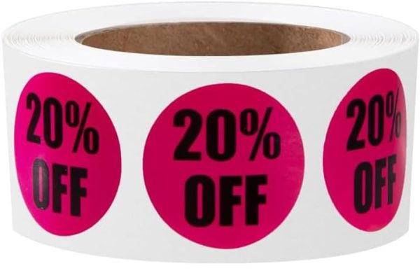 SWYSGS Etichette Promozionali 2,5 cm Etichette Prezzo Adesivi Sconto Autoadesivi Etichetta 20%-30% di Sconto Sugli Adesivi di Vendita per Dettaglio, Supermercato 1000 Pezzi 2 Rotoli