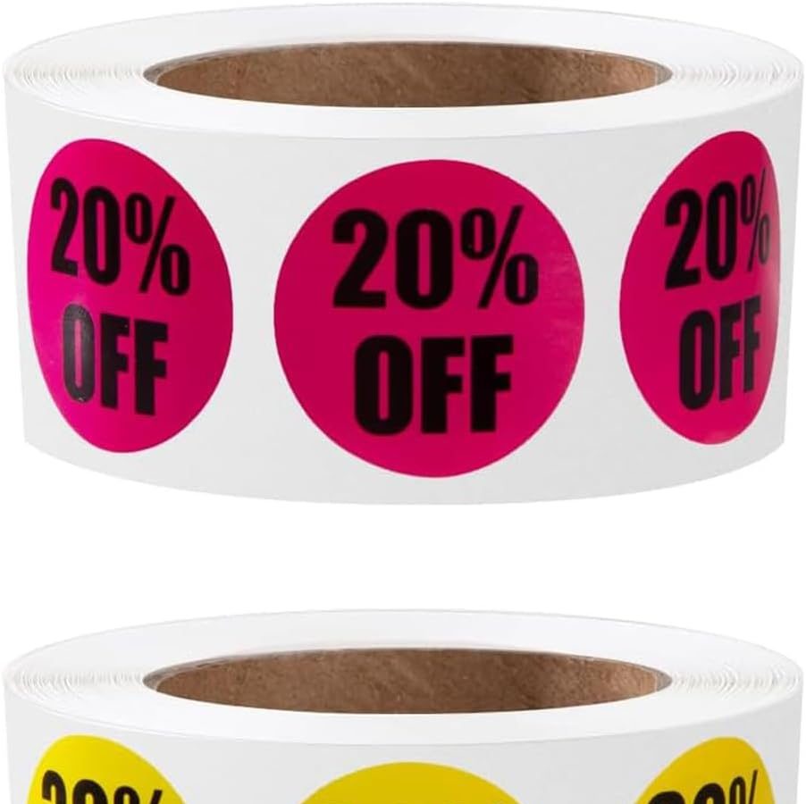 SWYSGS Etichette Promozionali 2,5 cm Etichette Prezzo Adesivi Sconto Autoadesivi Etichetta 20%-30% di Sconto Sugli Adesivi di Vendita per Dettaglio, Supermercato 1000 Pezzi 2 Rotoli