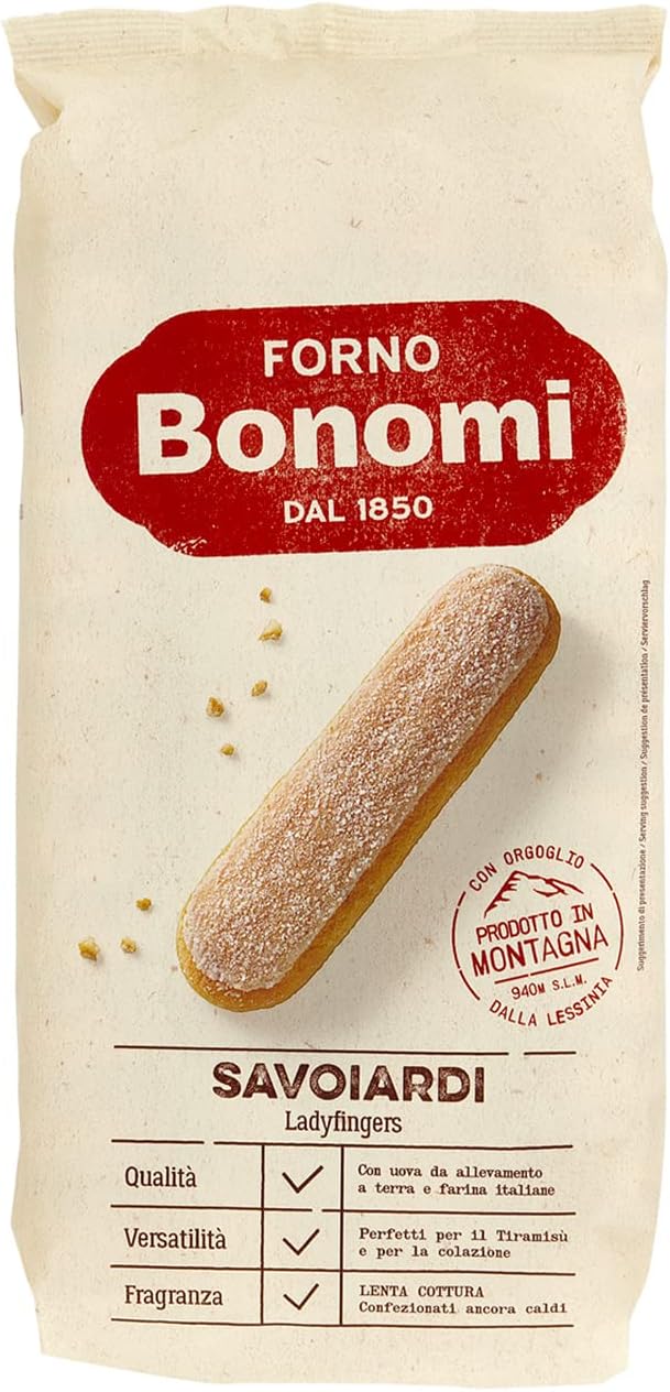 Forno Bonomi Savoiardi, biscotti preparati con uova fresche allevate a terra, ideali per tiramisù, per uno snack goloso e light. Confezione da 400g