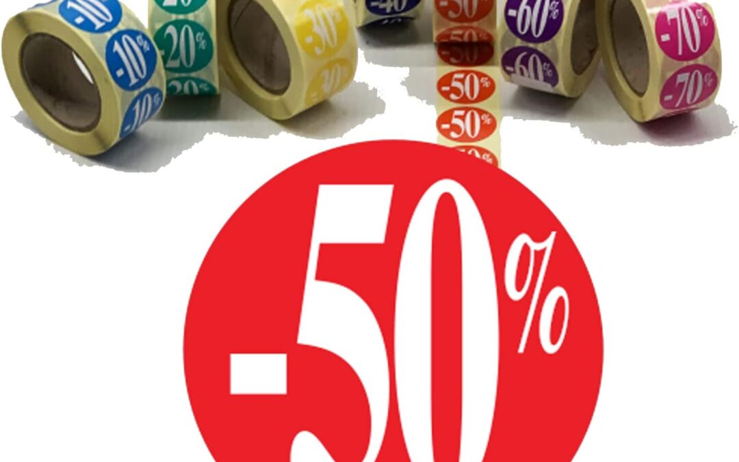 Affichesstore 30244 – Rotolo di 500 etichette adesive – Ø 25 mm – Finitura lucida – Adesivi -50% Rosso per Sconto/Promozione/Vendita