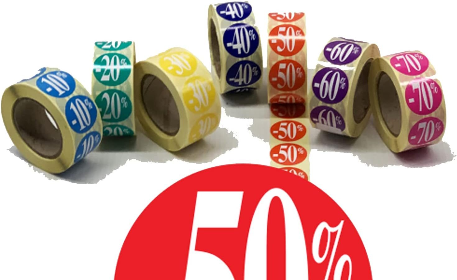 Affichesstore 30244 – Rotolo di 500 etichette adesive – Ø 25 mm – Finitura lucida – Adesivi -50% Rosso per Sconto/Promozione/Vendita