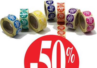 Affichesstore 30244 – Rotolo di 500 etichette adesive – Ø 25 mm – Finitura lucida – Adesivi -50% Rosso per Sconto/Promozione/Vendita