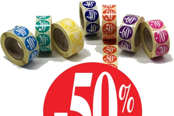 Affichesstore 30244 – Rotolo di 500 etichette adesive – Ø 25 mm – Finitura lucida – Adesivi -50% Rosso per Sconto/Promozione/Vendita