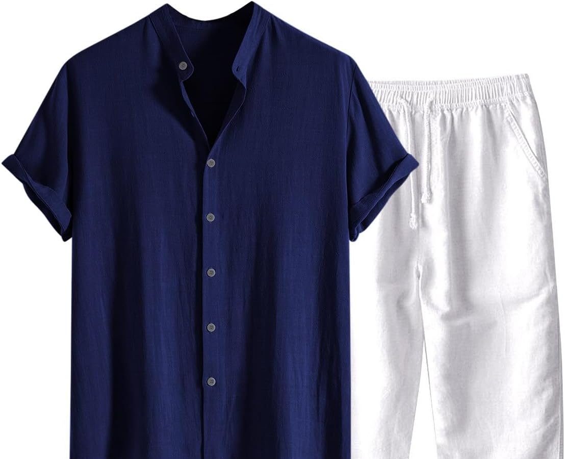 Completo Di Lino Estivo Uomo 2 Pezzi Casual Per Spiaggia Tuta Completa In Cotone E Lino Maglietta + Pantaloni Con Coulisse Set Uomini Completo Uomo Estivo Elegante Camicia Tinta Unita Con Bottoni