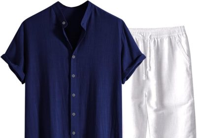 Completo Di Lino Estivo Uomo 2 Pezzi Casual Per Spiaggia Tuta Completa In Cotone E Lino Maglietta + Pantaloni Con Coulisse Set Uomini Completo Uomo Estivo Elegante Camicia Tinta Unita Con Bottoni
