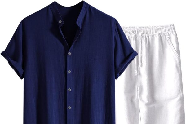 Completo Di Lino Estivo Uomo 2 Pezzi Casual Per Spiaggia Tuta Completa In Cotone E Lino Maglietta + Pantaloni Con Coulisse Set Uomini Completo Uomo Estivo Elegante Camicia Tinta Unita Con Bottoni