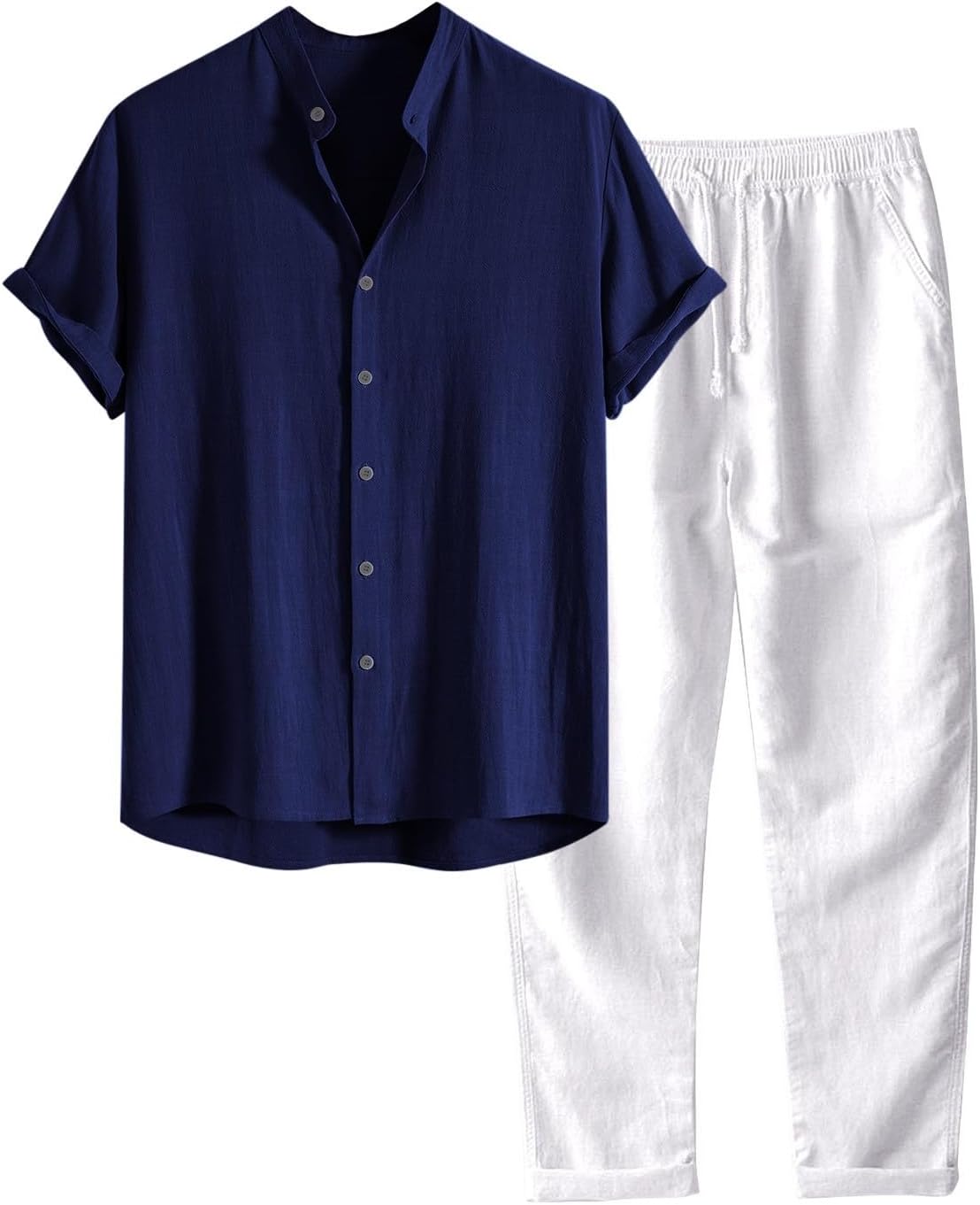 Completo Di Lino Estivo Uomo 2 Pezzi Casual Per Spiaggia Tuta Completa In Cotone E Lino Maglietta + Pantaloni Con Coulisse Set Uomini Completo Uomo Estivo Elegante Camicia Tinta Unita Con Bottoni