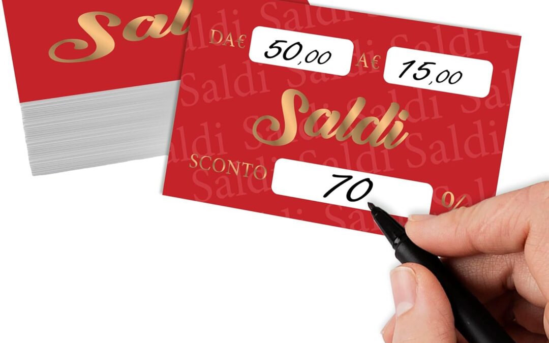 Cartellini Saldi Personalizzati Originali – 100 Bigliettini Buono Sconto Saldi – Cartoncino Cartellino per Sconti Originale