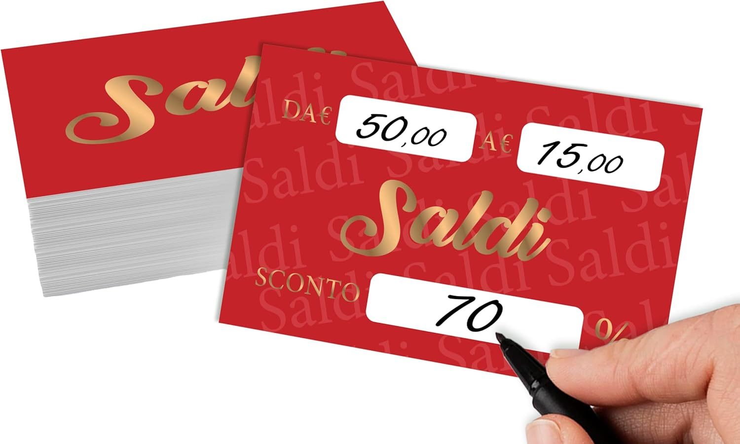 Cartellini Saldi Personalizzati Originali – 100 Bigliettini Buono Sconto Saldi – Cartoncino Cartellino per Sconti Originale