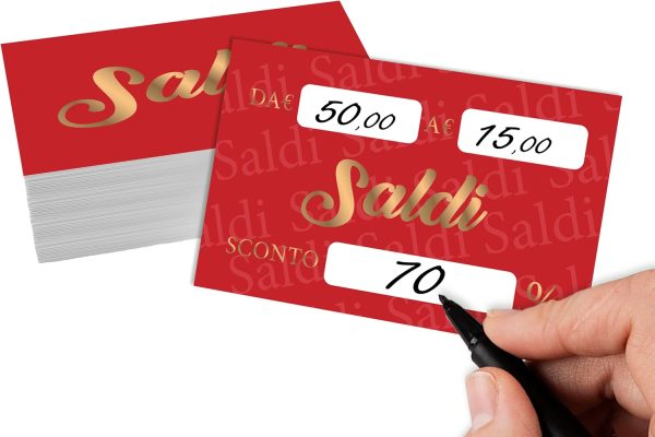 Cartellini Saldi Personalizzati Originali – 100 Bigliettini Buono Sconto Saldi – Cartoncino Cartellino per Sconti Originale