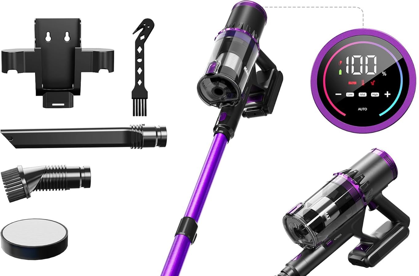 VEGREM Aspirapolvere Senza Fili Potente 450W/ 38KPA/ 60min, Scopa Elettrica Senza Fili Brushless, Aspirapolvere Potente Modalità automatica, Filetr a 7 stadi, V Rullo antiangolo, Batteria staccabile