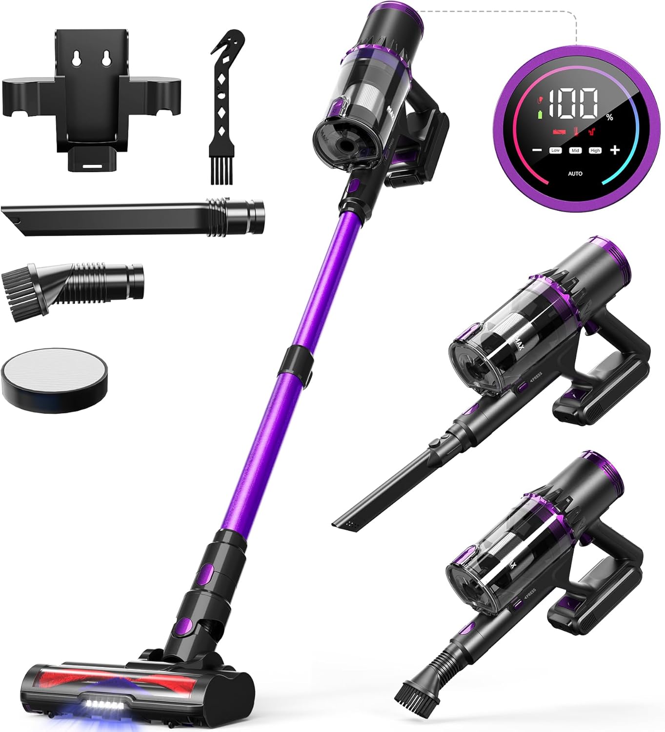 VEGREM Aspirapolvere Senza Fili Potente 450W/ 38KPA/ 60min, Scopa Elettrica Senza Fili Brushless, Aspirapolvere Potente Modalità automatica, Filetr a 7 stadi, V Rullo antiangolo, Batteria staccabile