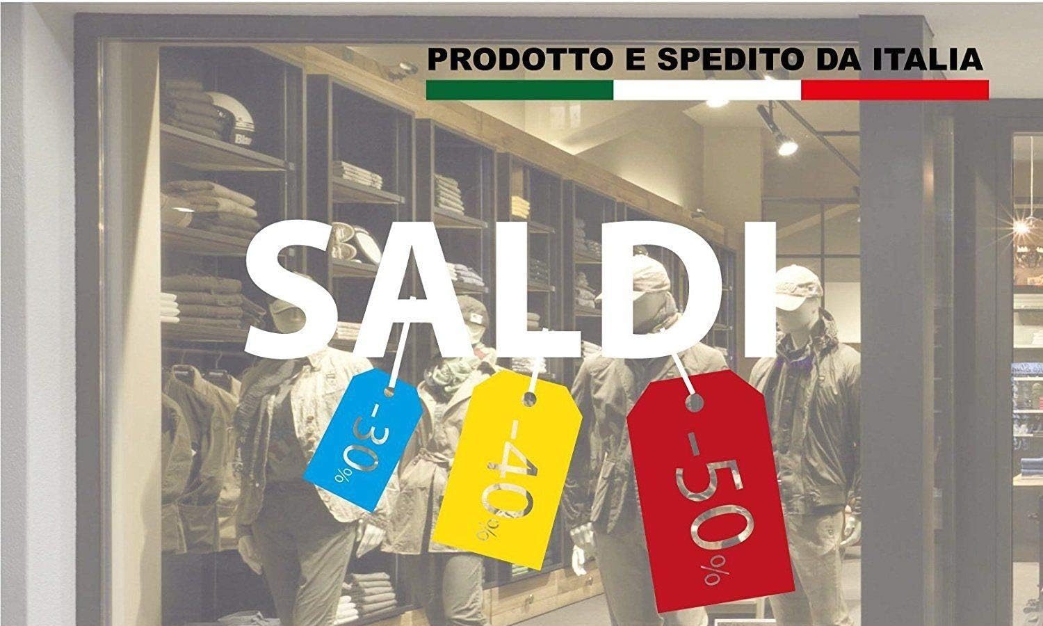 Vetrofanie Saldi SCONTI – Scritta Saldi – Decorazioni Saldi sconti – Fuori Tutto, Saldi vetrine Negozi, Stickers cartellini sconti Adesivo4You (116×80 cm.)